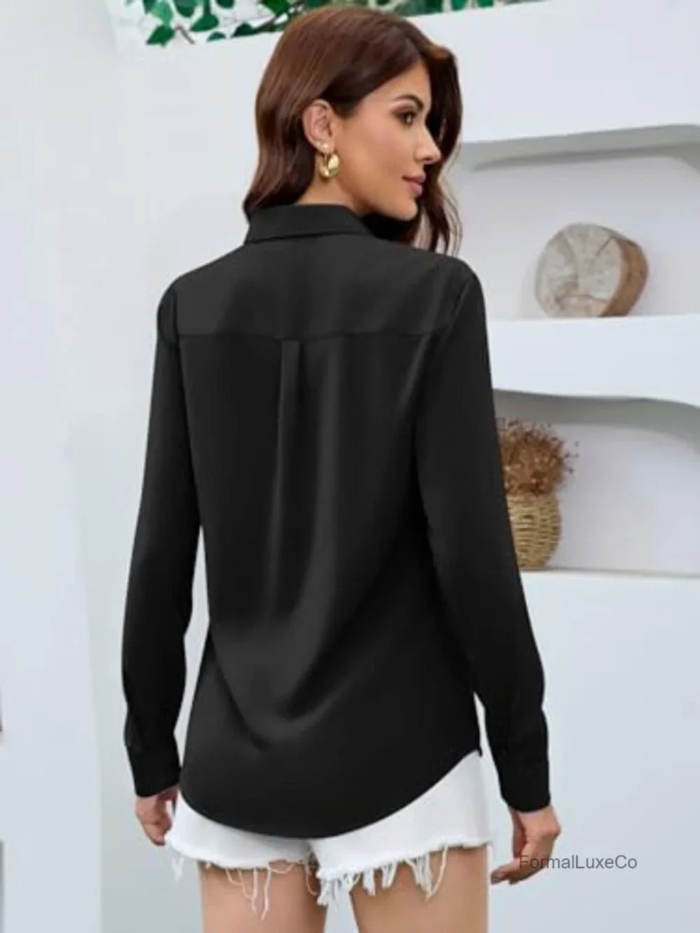 Satin Silk Button Down Shirt Long Sleeve Blouse Work Casual Top